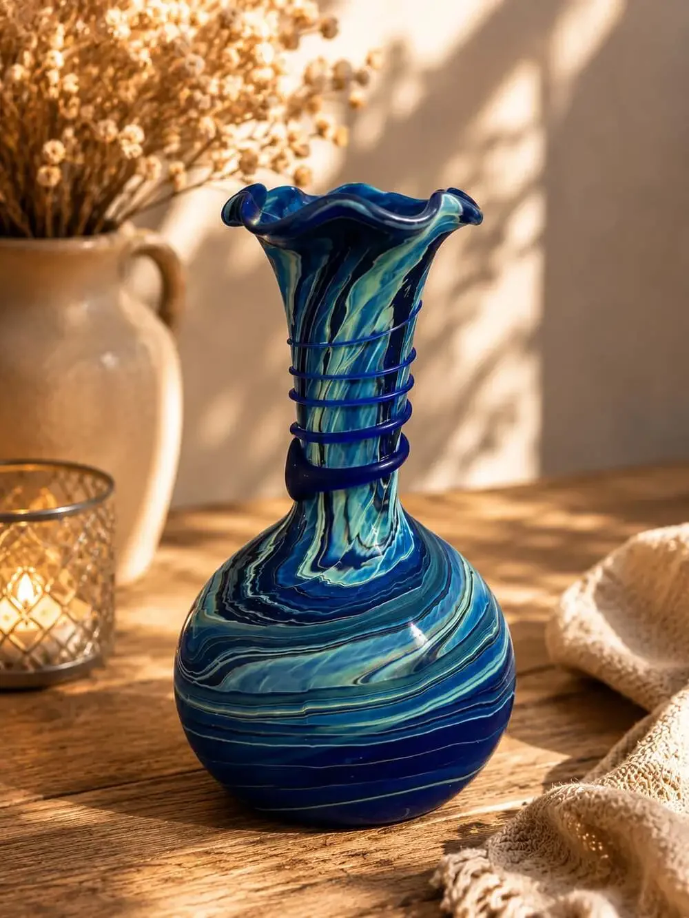 Phoenician Hand-Blown Swirl Glass Vase with Blue Spiral Detail
